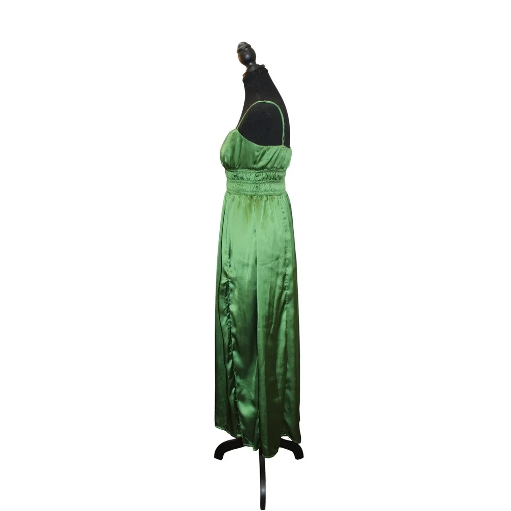 Abercrombie & Fitch Smocked Satin Side Slit Goddess Maxi Dress Women Small Green